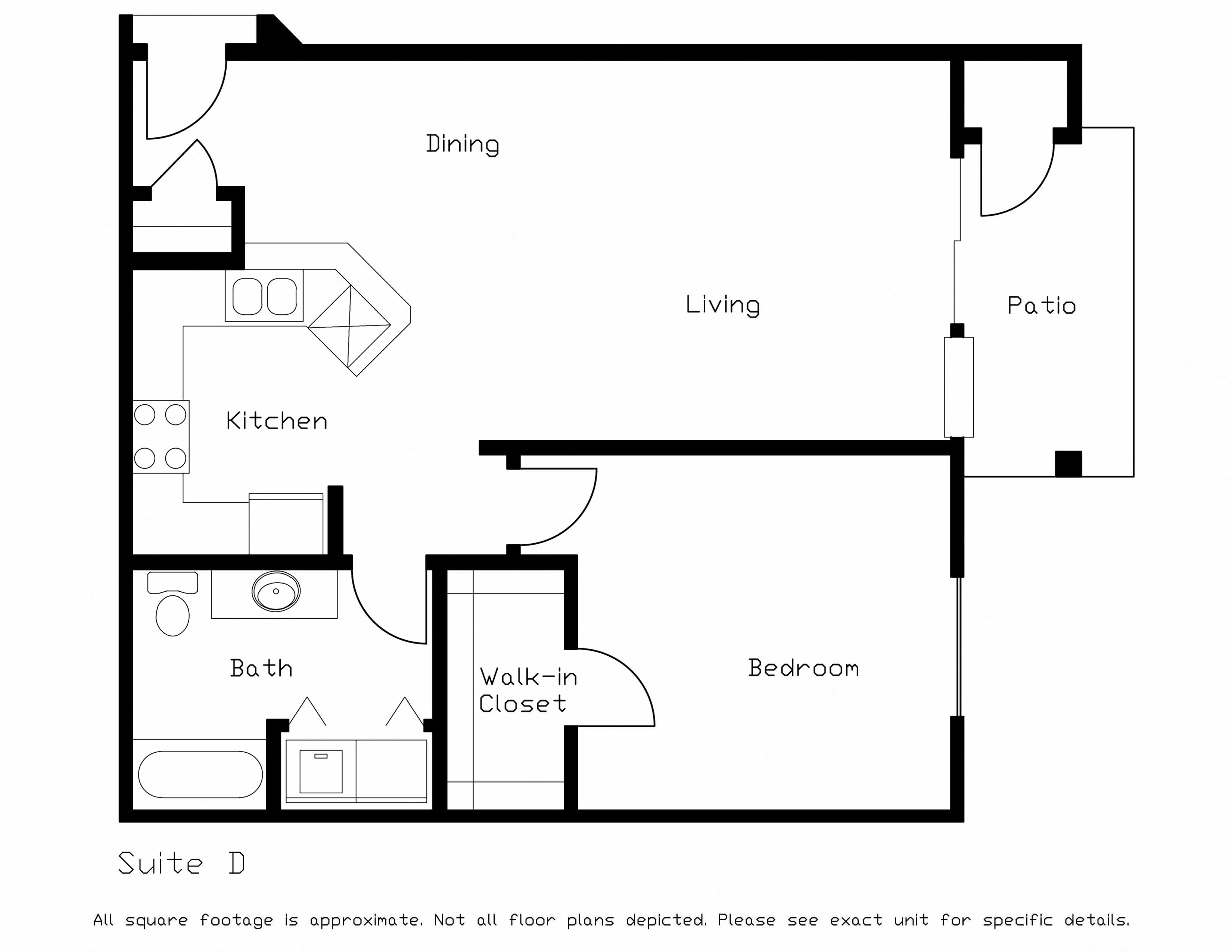 Floor plan for 1 bed, 1 bath, 810 sqft